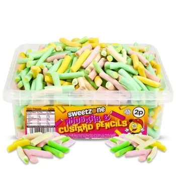 Sweetzone rhubarb and custard pencils in a bulk plastic tub