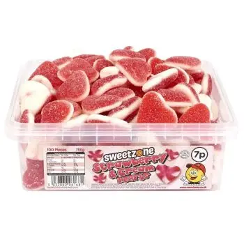Sweetzone strawberry and cream hearts in a bulk plastic tub