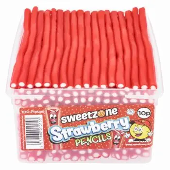 Sweetzone strawberry pencils sweets in a bulk plastic tub