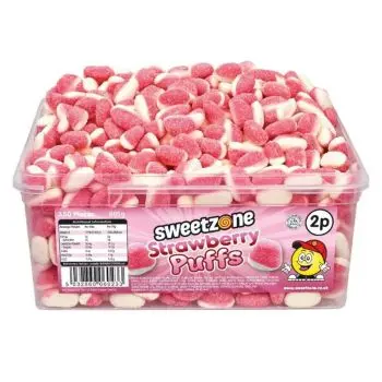 Sweetzone Strawberry Puffs in a bulk plastic tub