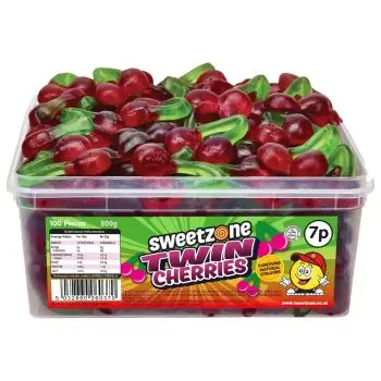 Sweetzone Twin Cherries sweets in a bulk plastic tub