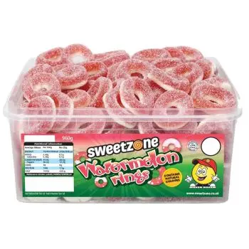 Sweetzone watermelon rings in a bulk plastic tub