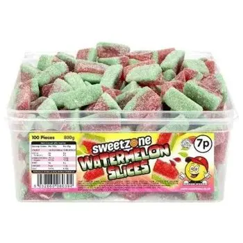 Sweetzone watermelon slices sweets in a bulk plastic tub