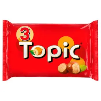 A 3 pack of Topic chocolate bars consisting of nougat, hazelnuts and caramel