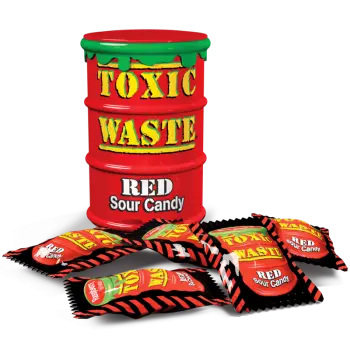 Each collectible container is shaped like an over flowing drum of Toxic Waste and comes packed with an assortment of super  - sour flavours including Red Pear, Cranberry, Raspberry, Red Grape and Strawberry