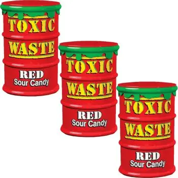Each collectible container is shaped like an over flowing drum of Toxic Waste and comes packed with an assortment of super  - sour flavours including Red Pear, Cranberry, Raspberry, Red Grape and Strawberry