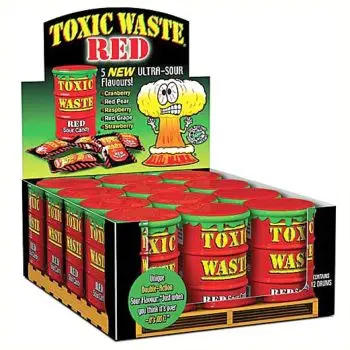 Each collectible container is shaped like an over flowing drum of Toxic Waste and comes packed with an assortment of super  - sour flavours including Red Pear, Cranberry, Raspberry, Red Grape and Strawberry