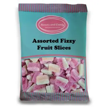 Vegan Assorted Fizzy Fruit Slices - 1Kg Bulk bag of vegan 
assorted fruit flavour fizzy sweets.