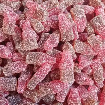 Vegan fizzy cherry cola flavour fizzy sweets shaped like bottles