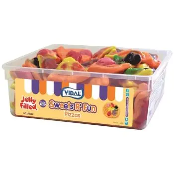 A tub of jelly sweets shaped like pizza slices 