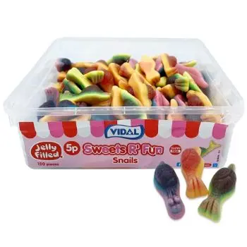 A full tub of Jelly sweets shaped like snails with a gooey jelly centre