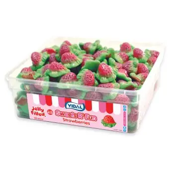 A full tub of strawberry sweets filled with a gooey jelly centre
