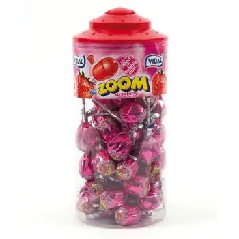 A full jar of Vidal strawberry lollies with a bubblegum centre
