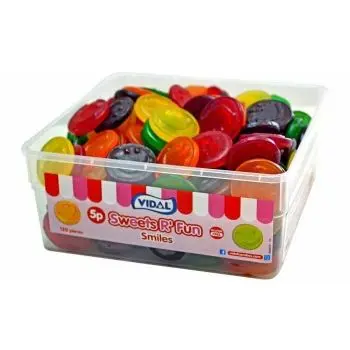 A bulk Vidal tub of sweets shaped like smiley faces