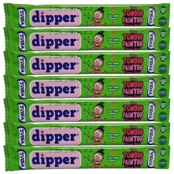 Vidal sour apple dipper chew bars which paint your mouth green!