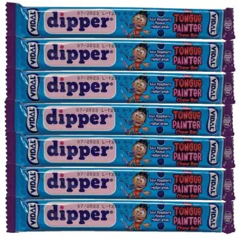 Vidal sour blue raspberry chew bars which paint your mouth blue!