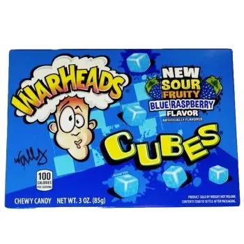 American Sweets - Blue raspberry flavour warheads cubes sweets in a theatre box