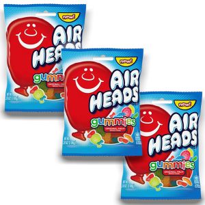 A pack of 3 bags of fruit flavour jelly sweets made by airheads and imported from America