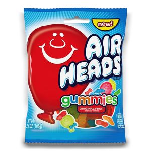 A 108g bag of fruit flavour jelly sweets made by airheads and imported from America