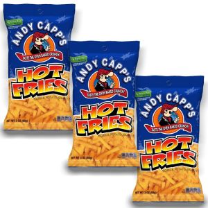 American Sweets - A pack of 3 large 85g bags of Andy Capp's Hot Fries American Crisps.