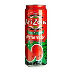 A large can of Arizona Watermelon, fruit juice American drink.