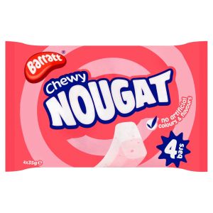 A pack of 4 chewy pink and white nougat bars made by Barratt sweets