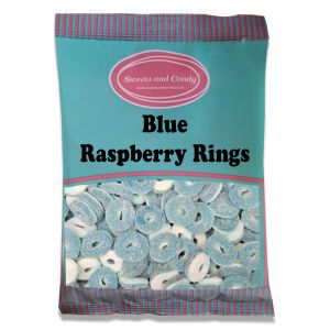 Blue Raspberry Rings 1kg - A bulk 1kg bag of fizzy blue sweets in the shape of rings