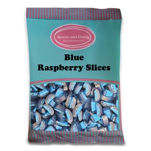 A bulk bag of blue raspberry slices, peelable liquorice sweets