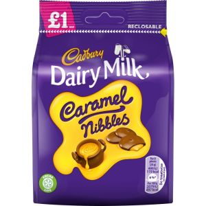 A share size bag of caramel nibbles from cadburys, chewy caramel sweets