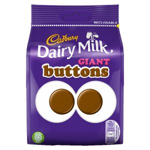 Smooth Cadbury milk chocolate shaped like giant buttons in a share size sweets bag.