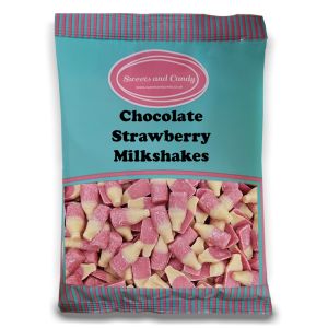 Strawberry and cream flavour candy pieces shaped like milk bottles in a 1kg bag