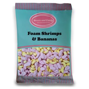 Foam Shrimps and Bananas - A 1kg bag of raspberry and banana flavour foam sweets in the shape of shrimps and bananas