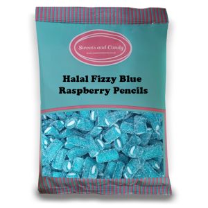 Halal Pick and Mix Sweets - 1kg Bulk bag of Fizzy Blue Raspberry Pencils, sugar coated fruit flavour candy sweets with a sugar coating