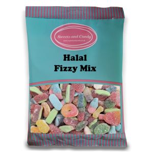 A bulk 1kg bag of Halal Fizzy Mix, assorted fruit flavour jelly sweets with fizzy sugar coating