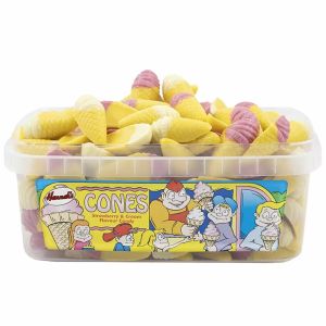 A full tub of strawberry and cream flavour candy chocolate shaped like icecream sweets