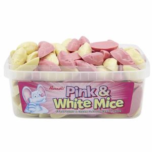 A full tub of strawberry and cream flavour chocolate candy sweets shaped like mice