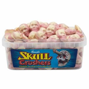 A full tub of strawberry and cream flavour Halloween sweets shaped like skulls