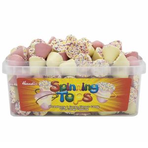 Pick and Mix Sweets - A full tub of strawberry and cream flavour chocolate sweets shaped like spinning tops with sprinkles on top!