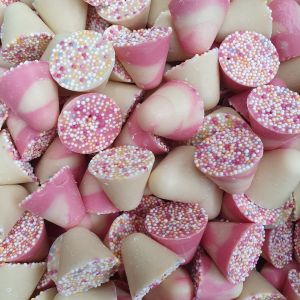 Pinning Tops - Strawberry and cream flavour chocolate candy in a spinning top shape with sprinkles on top