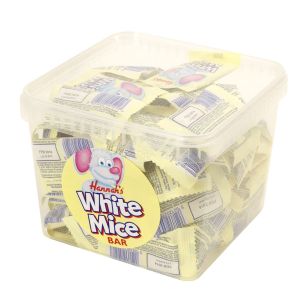 A full tub of creamy white chocolate flavour white mice bars, individually wrapped sweets