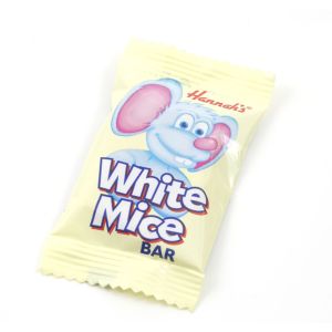 A creamy white chocolate flavour white mice bar, individually wrapped sweets
