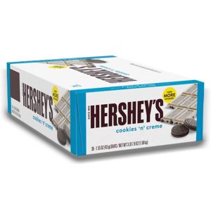 American Sweets - A full case of Hersheys American candy bar made from creamy white chocolate with cookie pieces inside.