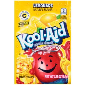 A sachet of Lemonade Kool Aid, a drink powder imported from America.