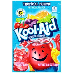 A sachet of Tropical Punch Kool Aid, a drink powder imported from America.