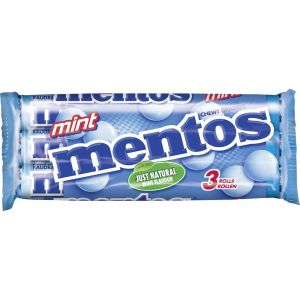 A pack of 3 rolls of chewy Mint flavour Mentos sweets