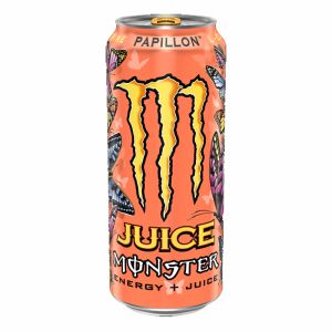 A 473ml can of Peach flavour Monster Juice Drinks, imported from America.