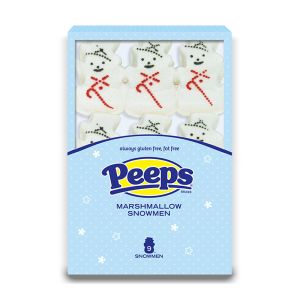 A pack of 6 snowmen shaped Peeps Marshmallows, American sweets imported to the UK