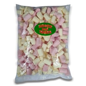 A bulk 1kg bag of Pink and white marshmallow tubes, retro sweets.