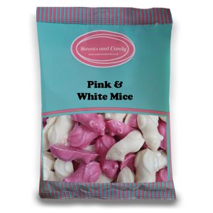 Pink and White Mice - A bulk 1kg bag of retro strawberry and cream flavour chocolate candy sweets shaped like mice