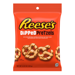 Snyders pretzels dipped in Reese's peanut butter and drizzled with milk chocolate